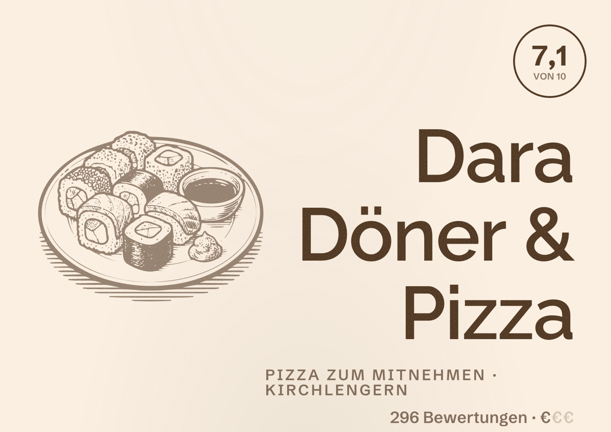 Illustriertes Poster von Dara Döner & Pizza, Pizza zum Mitnehmen in Kirchlengern: Bewertung 7,1 von 10 aus 296 Bewertungen, Preisniveau €
