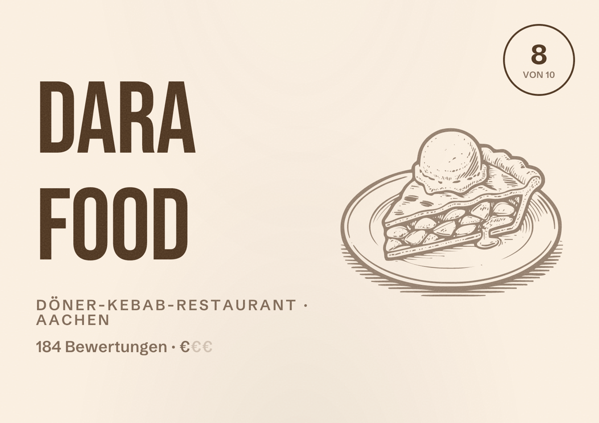 Illustriertes Poster von DARA Food, Döner-Kebab-Restaurant in Aachen: Bewertung 8,0 von 10 aus 184 Bewertungen, Preisniveau €
