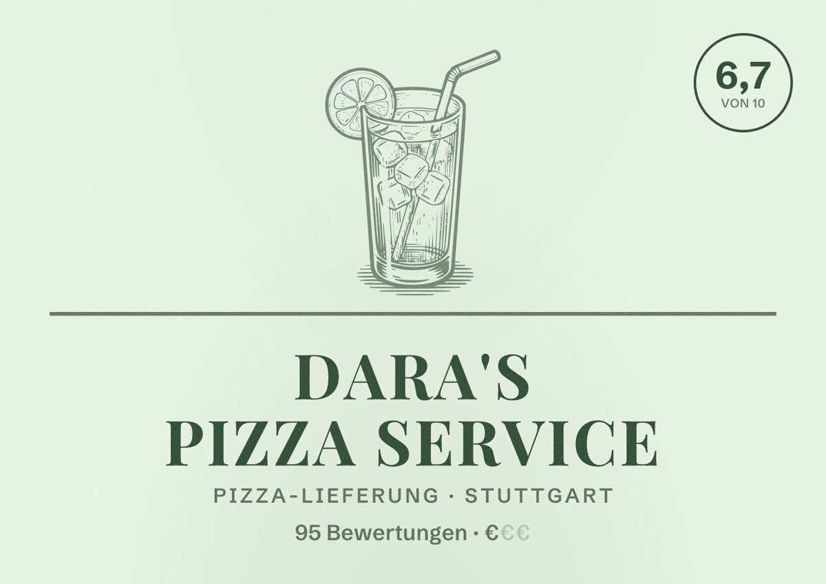 Illustriertes Poster von Dara's Pizza Service, Pizza-Lieferung in Stuttgart: Bewertung 6,7 von 10 aus 95 Bewertungen, Preisniveau €