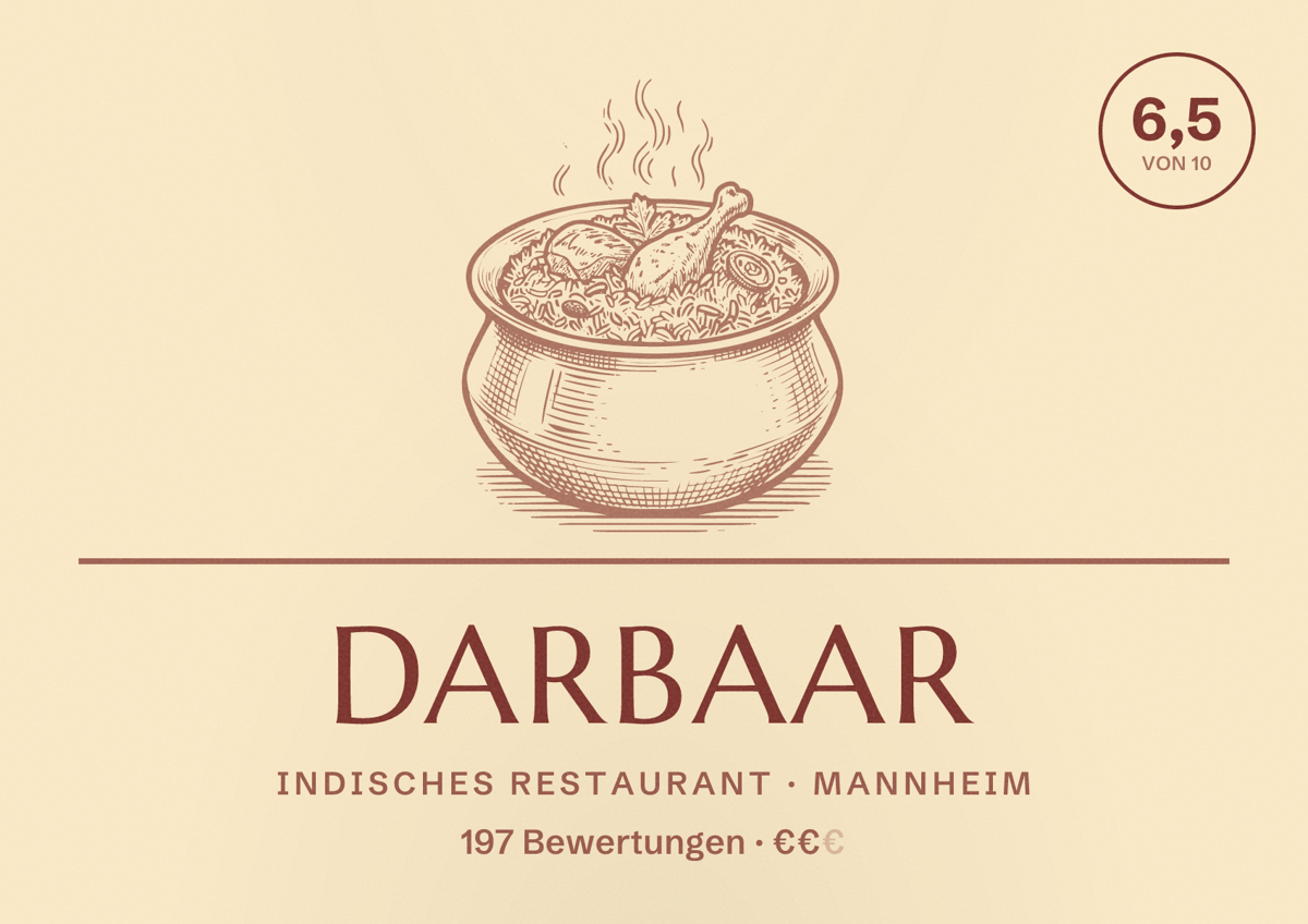 Illustriertes Poster von Darbaar, Indisches Restaurant in Mannheim: Bewertung 6,5 von 10 aus 197 Bewertungen, Preisniveau €€