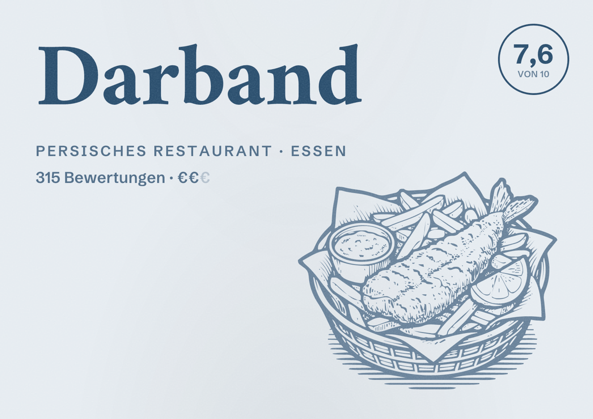 Illustriertes Poster von Darband, Persisches Restaurant in Essen: Bewertung 7,6 von 10 aus 315 Bewertungen, Preisniveau €€