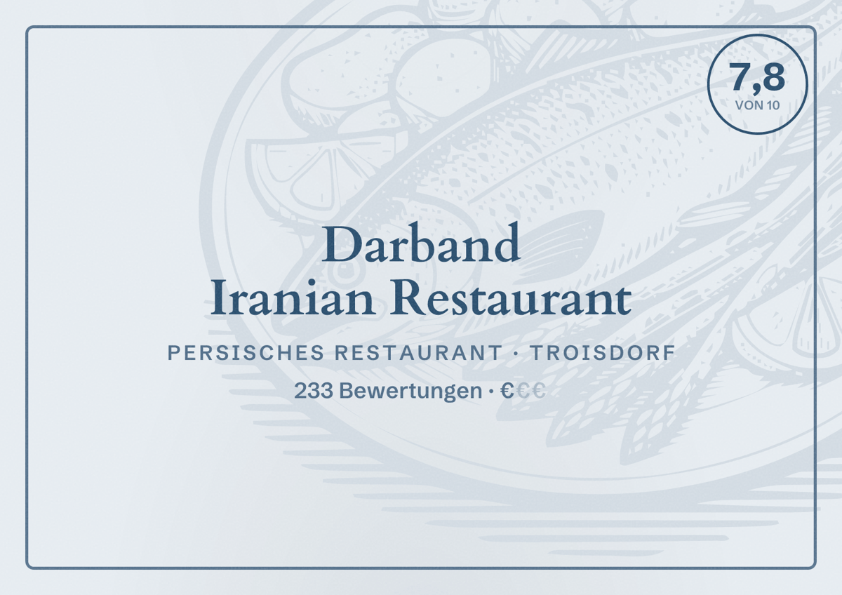 Illustriertes Poster von Darband Iranian Restaurant, Persisches Restaurant in Troisdorf: Bewertung 7,8 von 10 aus 233 Bewertungen, Preisniveau €