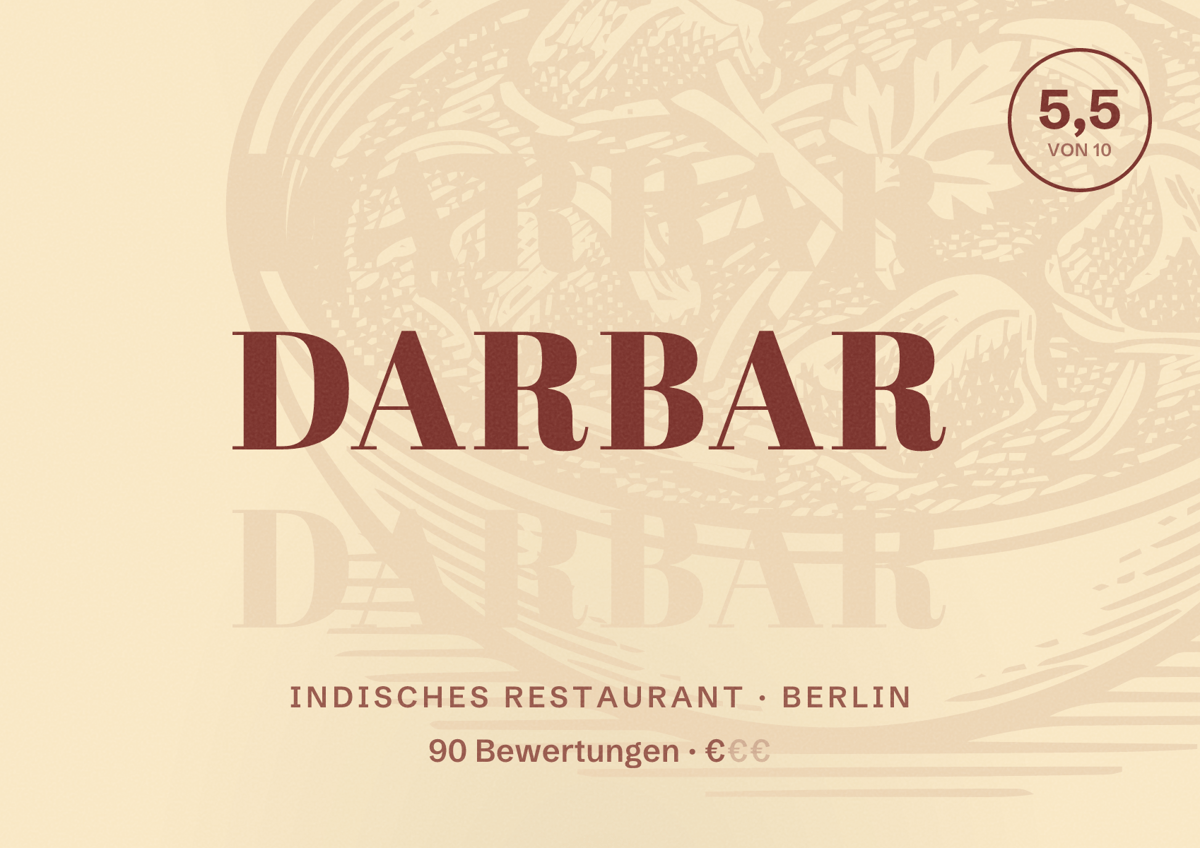 Illustriertes Poster von Darbar, Indisches Restaurant in Berlin: Bewertung 5,5 von 10 aus 90 Bewertungen, Preisniveau €