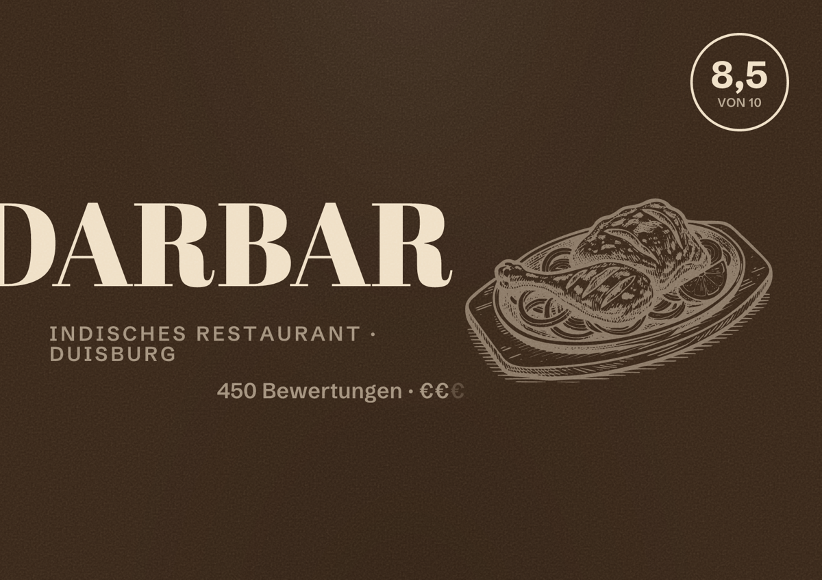 Illustriertes Poster von DARBAR, Indisches Restaurant in Duisburg: Bewertung 8,5 von 10 aus 450 Bewertungen, Preisniveau €€