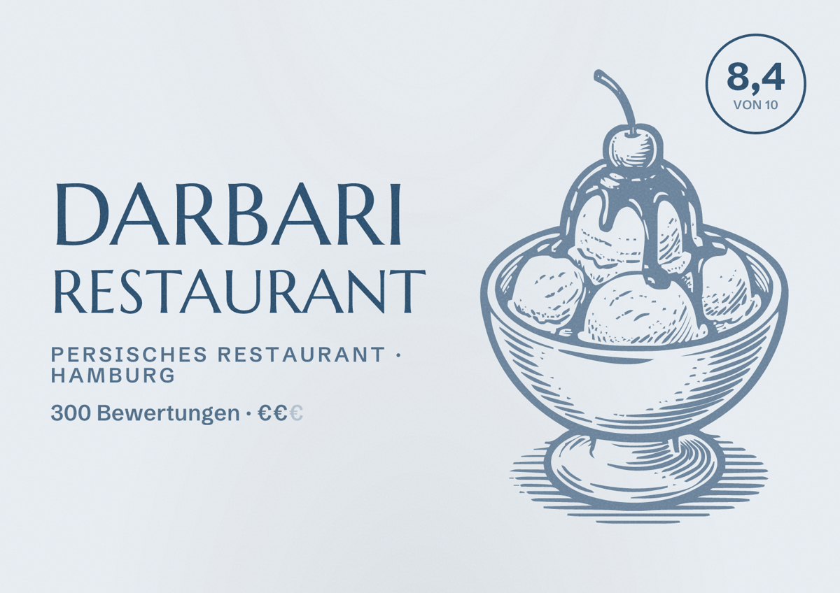 Illustriertes Poster von Darbari Restaurant, Persisches Restaurant in Hamburg: Bewertung 8,4 von 10 aus 300 Bewertungen, Preisniveau €€