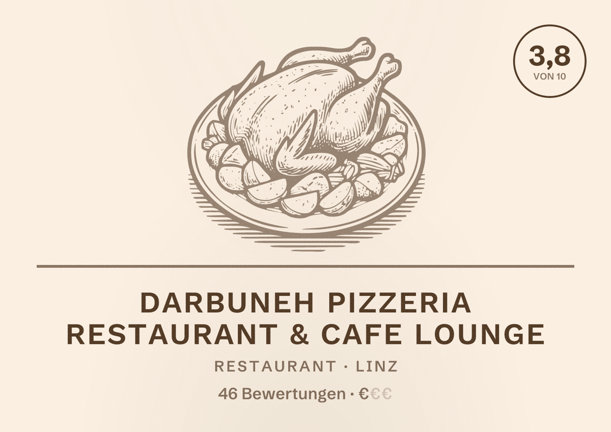 Illustriertes Poster von Darbuneh Pizzeria Restaurant & Cafe Lounge, Restaurant in Linz: Bewertung 3,8 von 10 aus 46 Bewertungen, Preisniveau €