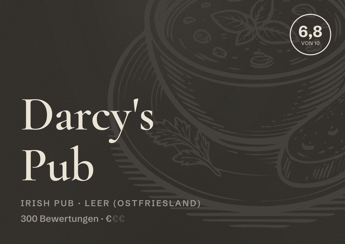 Illustriertes Poster von Darcy's Pub, Irish Pub in Leer (Ostfriesland): Bewertung 6,8 von 10 aus 300 Bewertungen, Preisniveau €