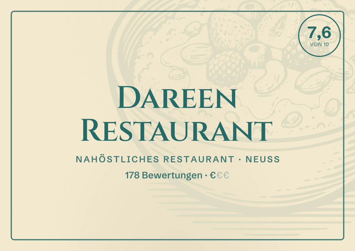 Illustriertes Poster von Dareen Restaurant, Nahöstliches Restaurant in Neuss: Bewertung 7,6 von 10 aus 178 Bewertungen, Preisniveau €