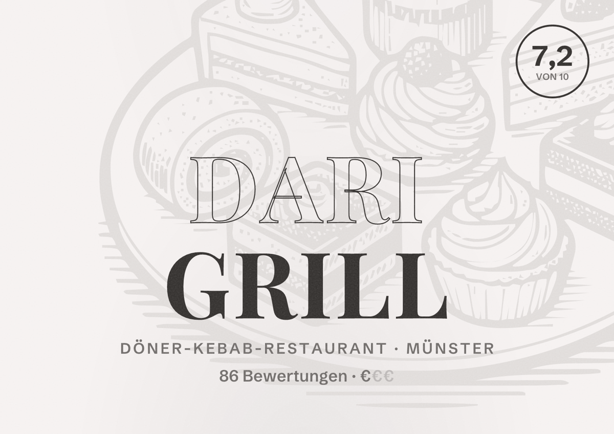 Illustriertes Poster von DARI GRILL, Döner-Kebab-Restaurant in Münster: Bewertung 7,2 von 10 aus 86 Bewertungen, Preisniveau €