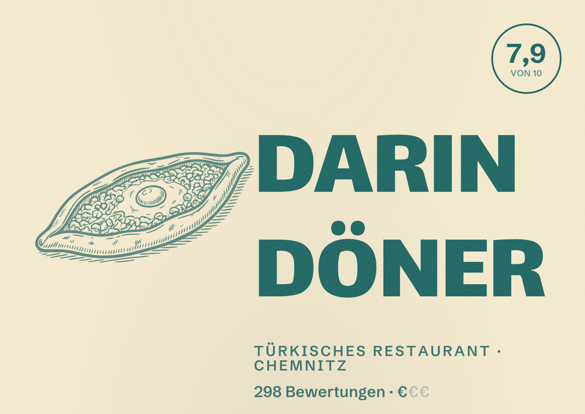 Illustriertes Poster von DARIN DÖNER, Türkisches Restaurant in Chemnitz: Bewertung 7,9 von 10 aus 298 Bewertungen, Preisniveau €
