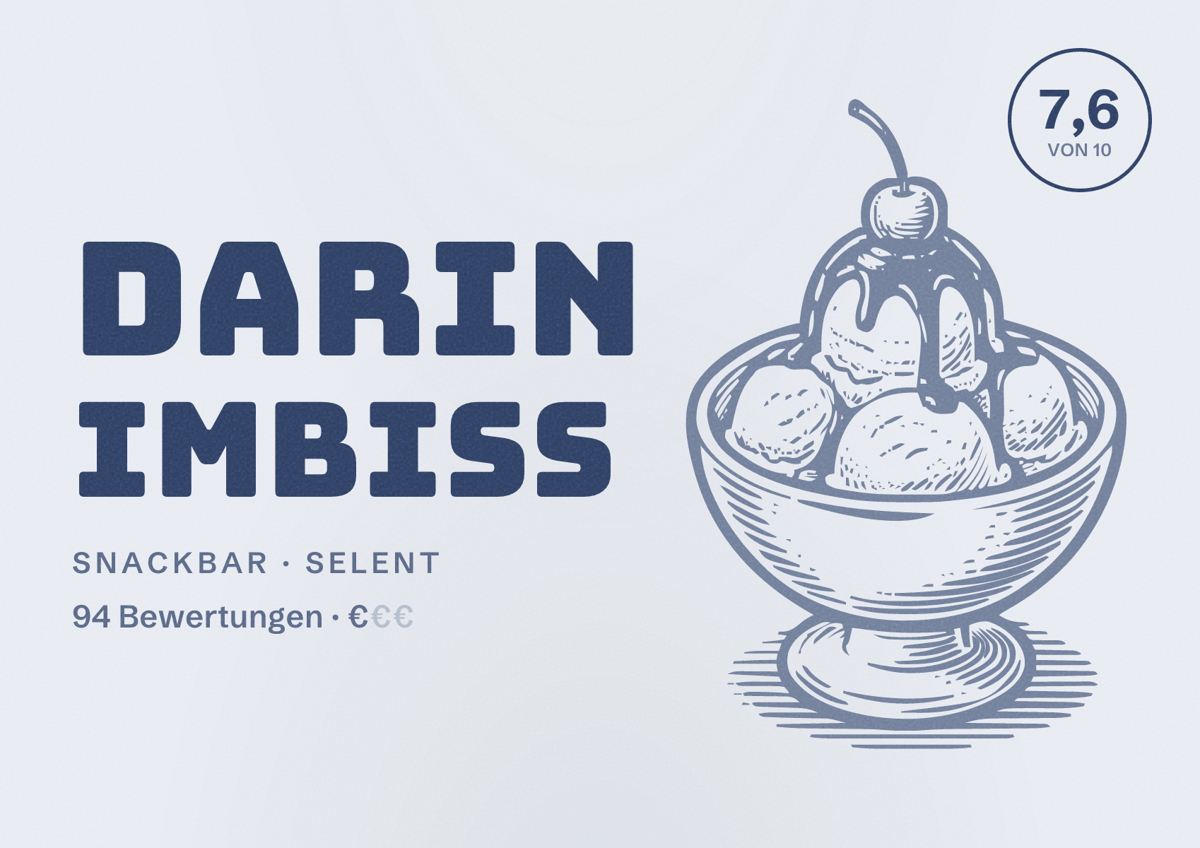 Illustriertes Poster von Darin Imbiss, Snackbar in Selent: Bewertung 7,6 von 10 aus 94 Bewertungen, Preisniveau €