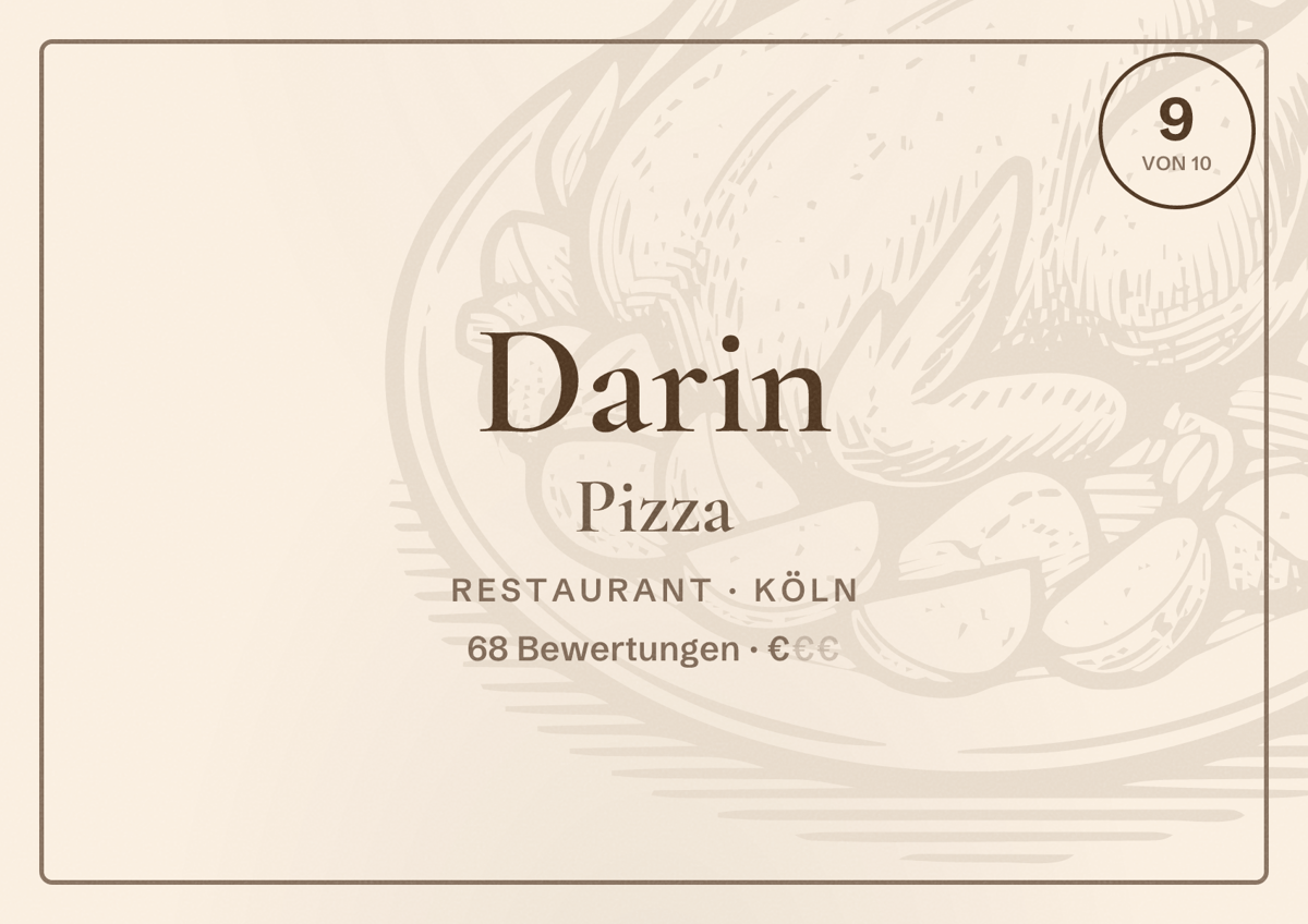 Illustriertes Poster von Darin Pizza, Restaurant in Köln: Bewertung 9,0 von 10 aus 68 Bewertungen, Preisniveau €