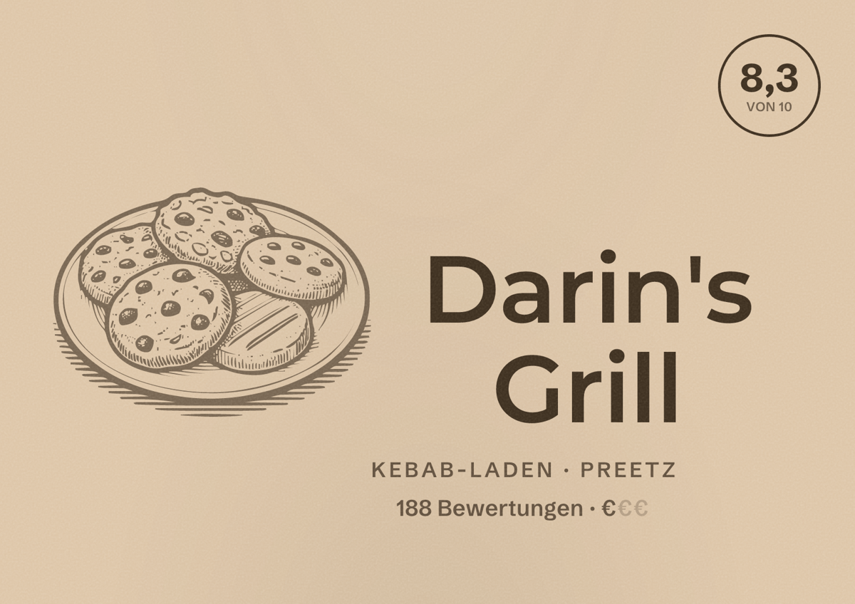 Illustriertes Poster von Darin's Grill, Kebab-Laden in Preetz: Bewertung 8,3 von 10 aus 188 Bewertungen, Preisniveau €