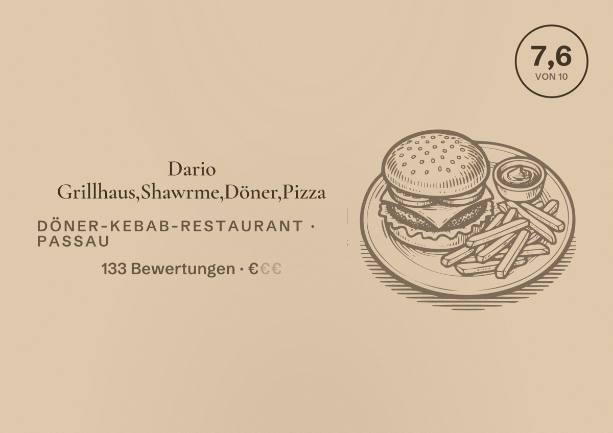 Illustriertes Poster von Dario Grillhaus,Shawrme,Döner,Pizza, Döner-Kebab-Restaurant in Passau: Bewertung 7,6 von 10 aus 133 Bewertungen, Preisniveau €