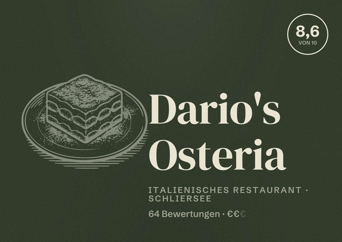 Illustriertes Poster von Dario's Osteria, Italienisches Restaurant in Schliersee: Bewertung 8,6 von 10 aus 64 Bewertungen, Preisniveau €€