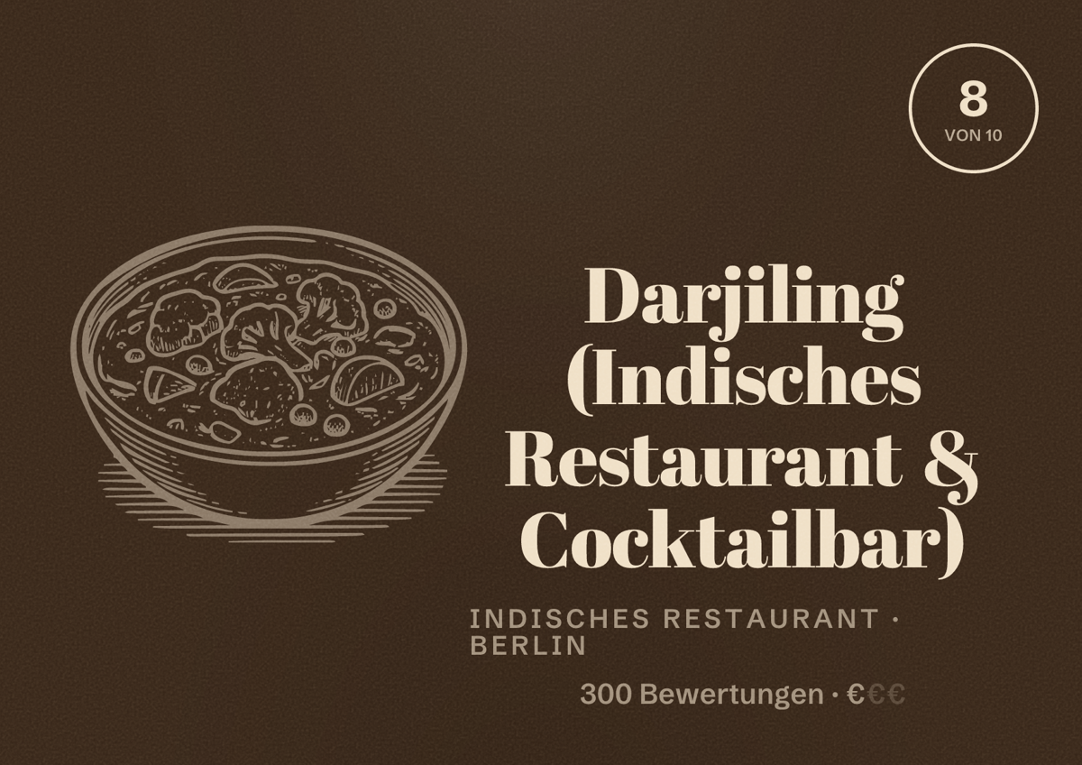 Illustriertes Poster von Darjiling (Indisches Restaurant & Cocktailbar), Indisches Restaurant in Berlin: Bewertung 8,0 von 10 aus 300 Bewertungen, Preisniveau €
