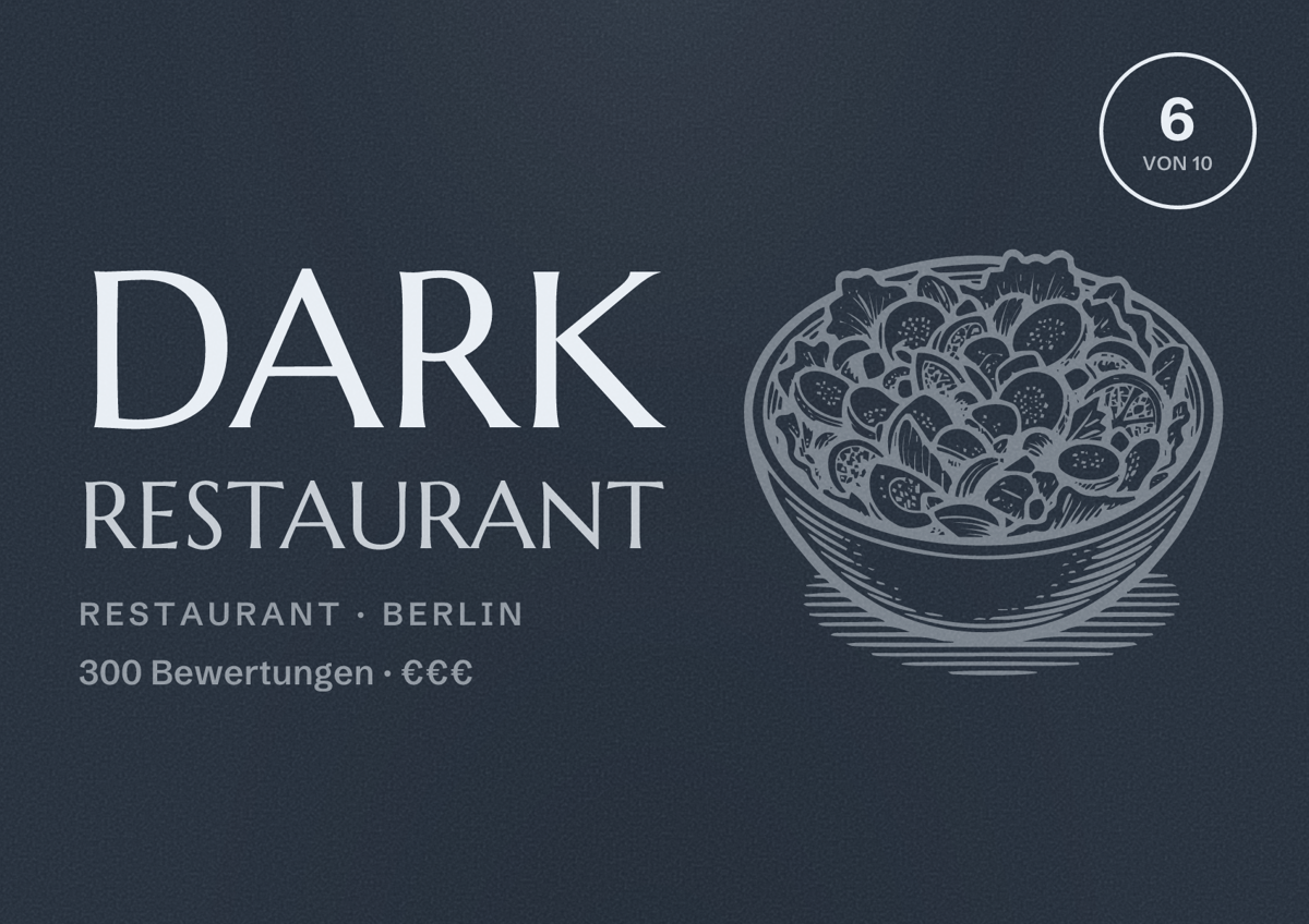Illustriertes Poster von Dark Restaurant, Restaurant in Berlin: Bewertung 6,0 von 10 aus 300 Bewertungen, Preisniveau €€€