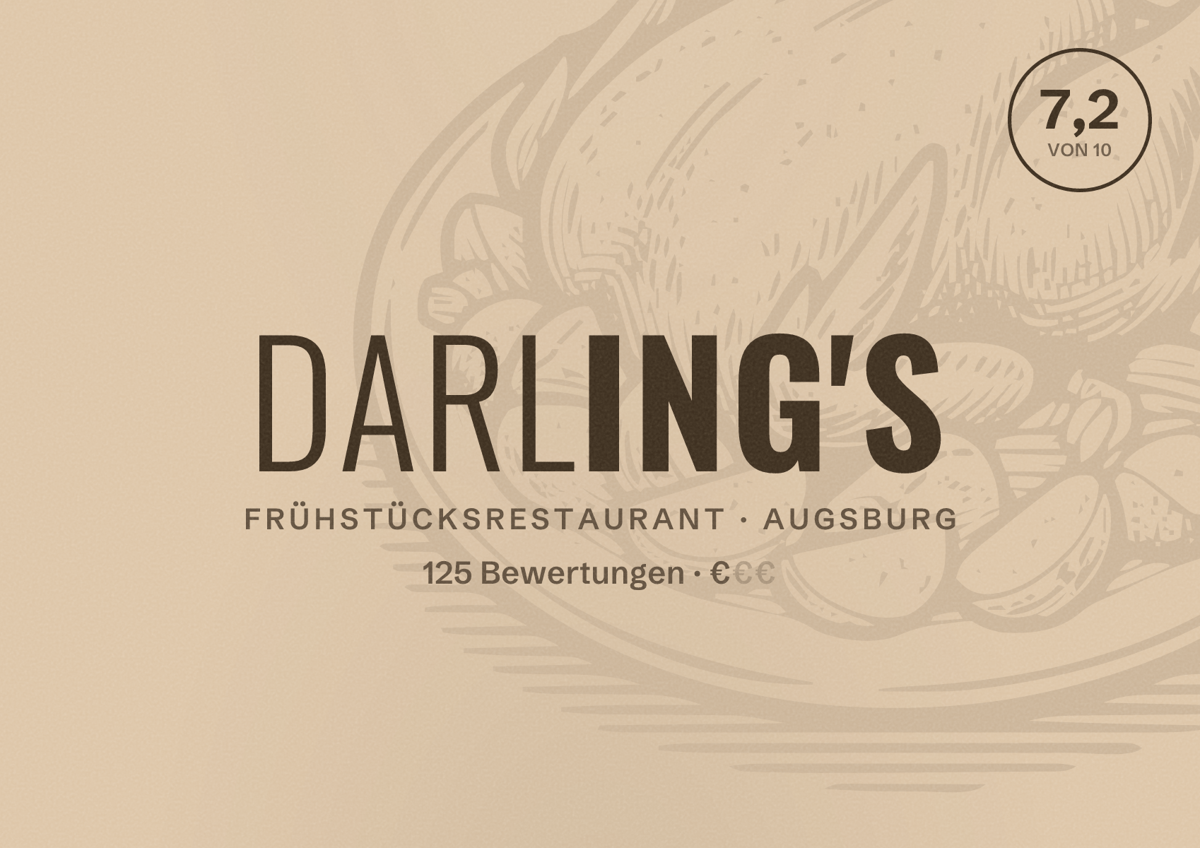 Illustriertes Poster von Darling's, Frühstücksrestaurant in Augsburg: Bewertung 7,2 von 10 aus 125 Bewertungen, Preisniveau €