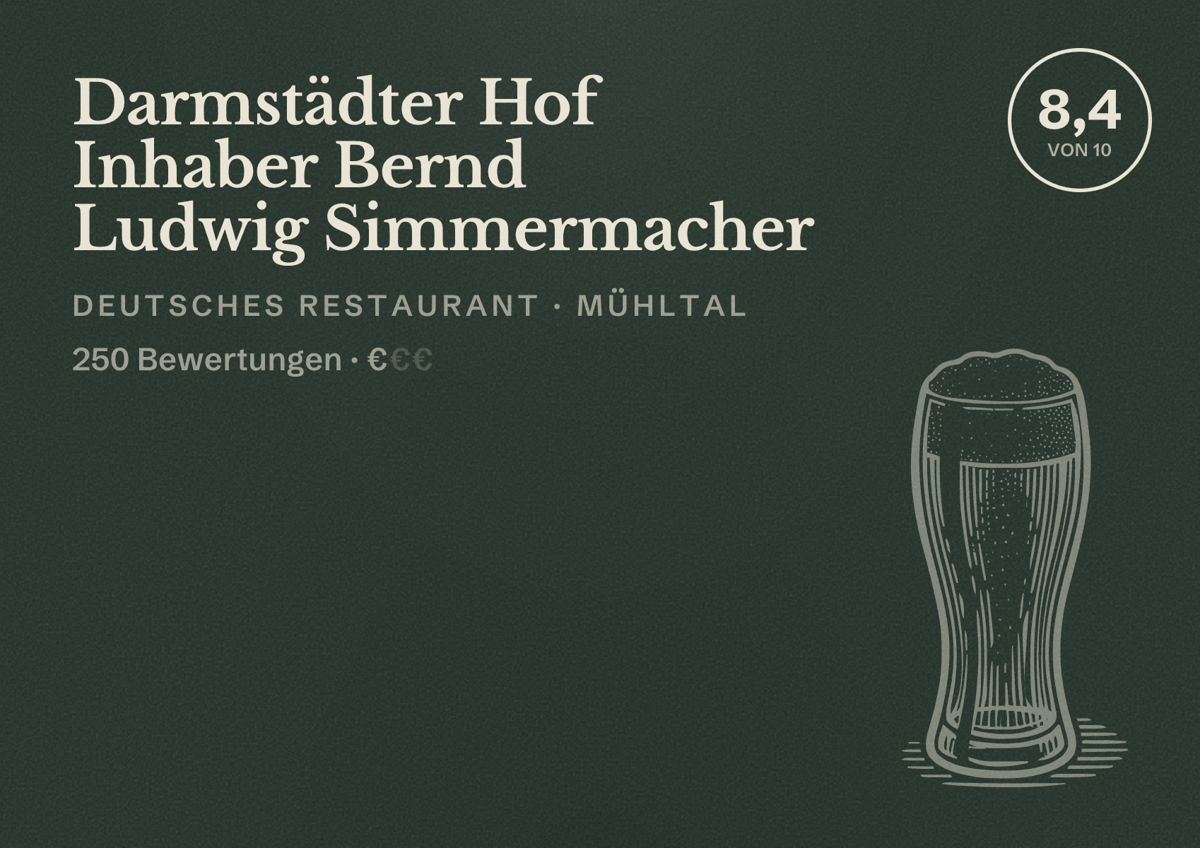Illustriertes Poster von Darmstädter Hof Inhaber Bernd Ludwig Simmermacher, Deutsches Restaurant in Mühltal: Bewertung 8,4 von 10 aus 250 Bewertungen, Preisniveau €