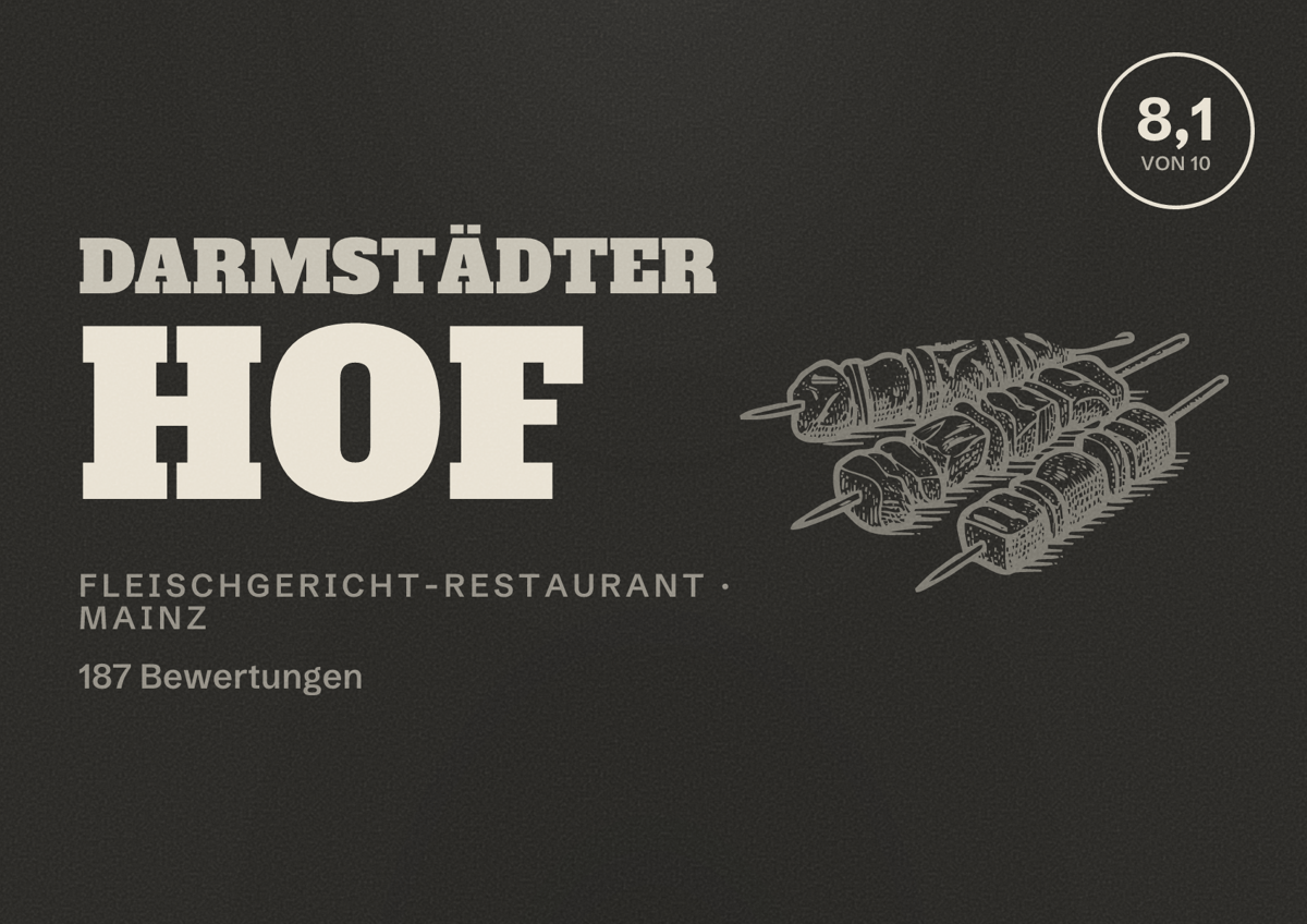 Illustriertes Poster von Darmstädter Hof, Fleischgericht-Restaurant in Mainz: Bewertung 8,1 von 10 aus 187 Bewertungen