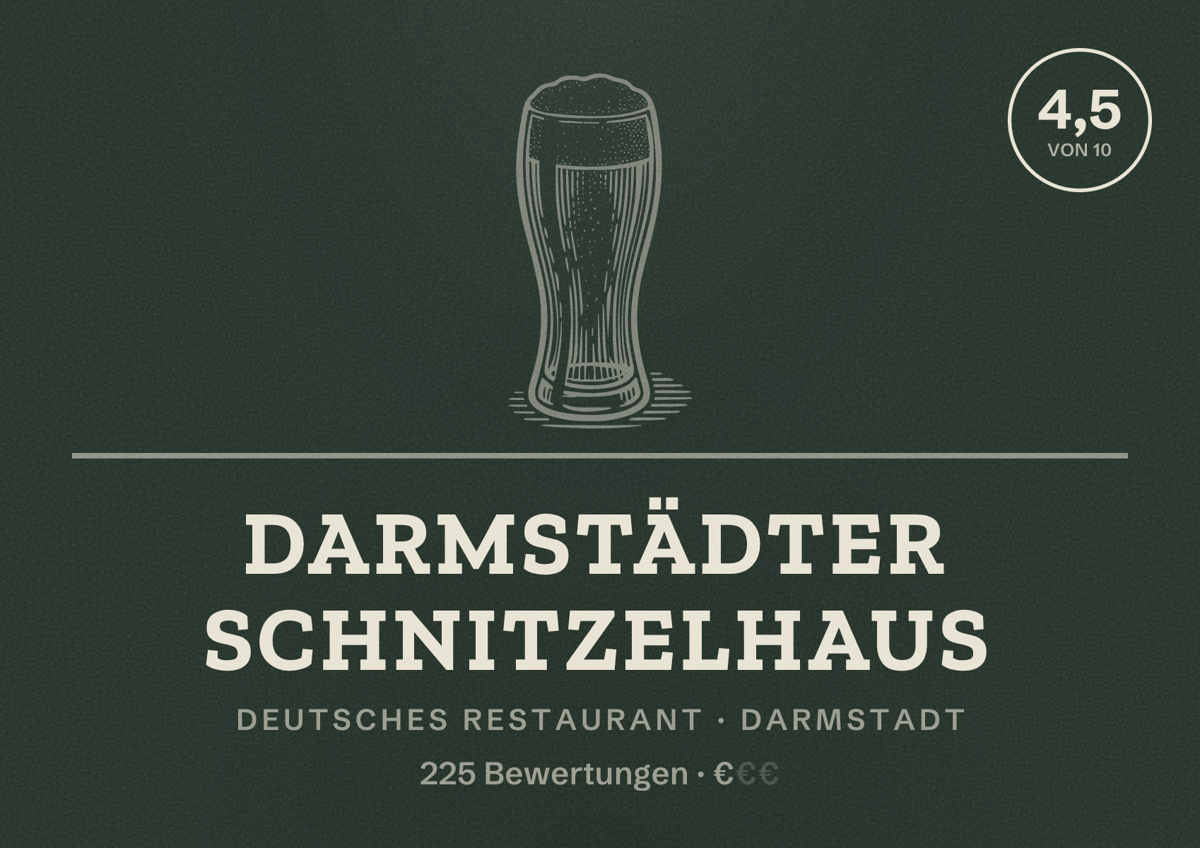 Illustriertes Poster von Darmstädter Schnitzelhaus, Deutsches Restaurant in Darmstadt: Bewertung 4,5 von 10 aus 225 Bewertungen, Preisniveau €
