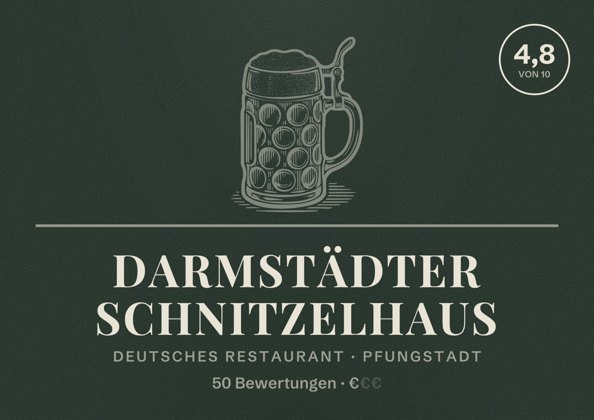 Illustriertes Poster von Darmstädter Schnitzelhaus, Deutsches Restaurant in Pfungstadt: Bewertung 4,8 von 10 aus 50 Bewertungen, Preisniveau €