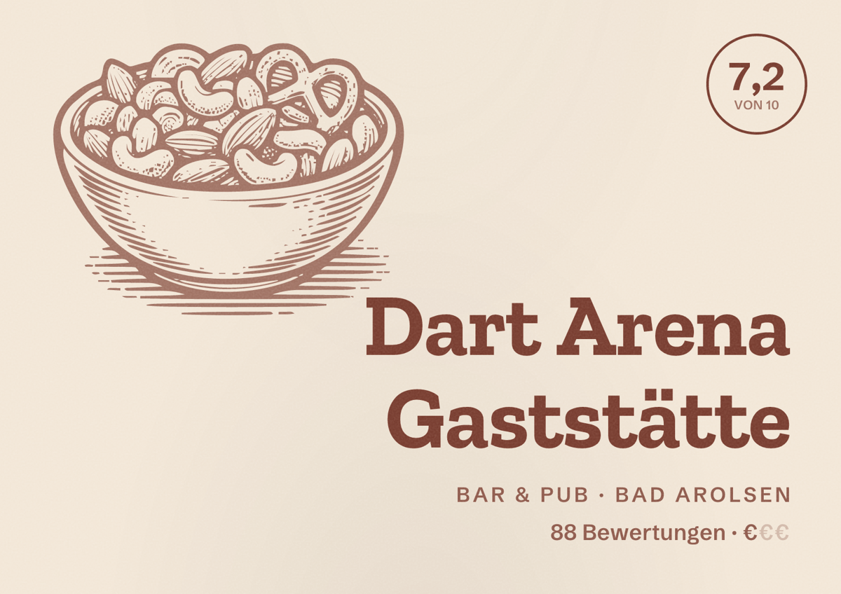 Illustriertes Poster von Dart Arena Gaststätte, Bar & Pub in Bad Arolsen: Bewertung 7,2 von 10 aus 88 Bewertungen, Preisniveau €