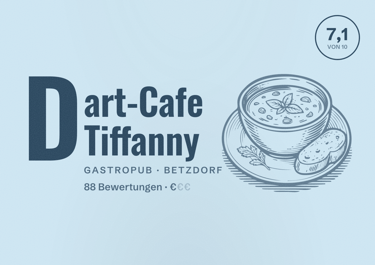 Illustriertes Poster von Dart-Cafe Tiffanny, Gastropub in Betzdorf: Bewertung 7,1 von 10 aus 88 Bewertungen, Preisniveau €