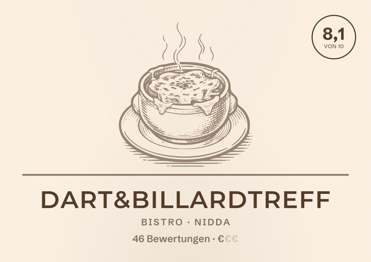 Illustriertes Poster von Dart&Billardtreff, Bistro in Nidda: Bewertung 8,1 von 10 aus 46 Bewertungen, Preisniveau €