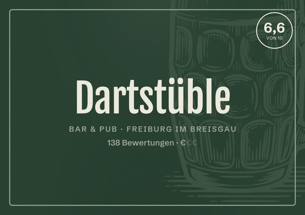 Illustriertes Poster von Dartstüble, Bar & Pub in Freiburg im Breisgau: Bewertung 6,6 von 10 aus 138 Bewertungen, Preisniveau €