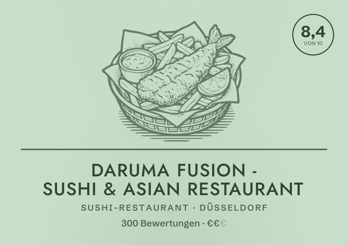 Illustriertes Poster von Daruma Fusion - Sushi & Asian Restaurant, Sushi-Restaurant in Düsseldorf: Bewertung 8,4 von 10 aus 300 Bewertungen, Preisniveau €€