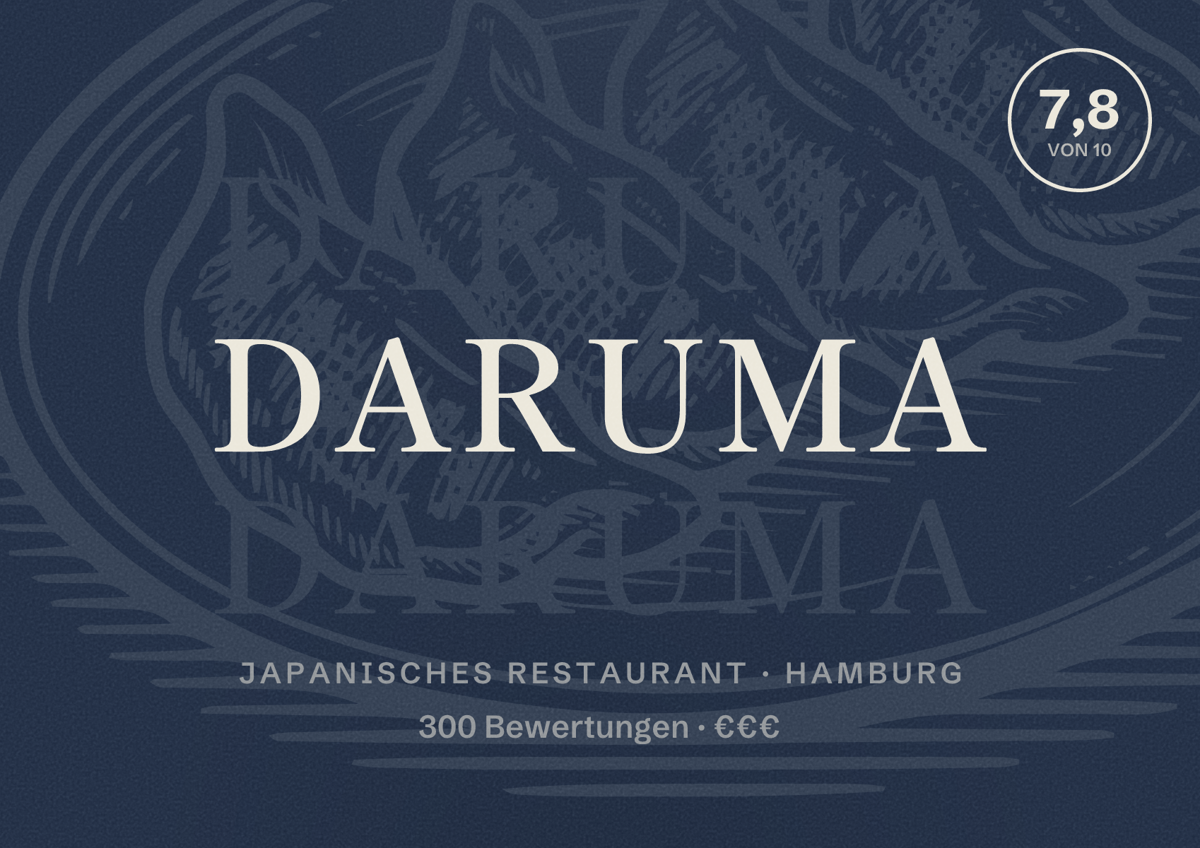 Illustriertes Poster von Daruma, Japanisches Restaurant in Hamburg: Bewertung 7,8 von 10 aus 300 Bewertungen, Preisniveau €€€