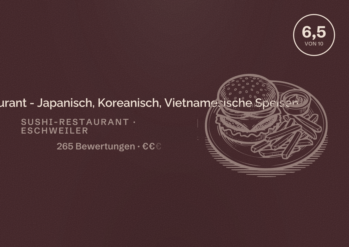 Illustriertes Poster von Daruma Restaurant - Japanisch, Koreanisch, Vietnamesische Speisen, Sushi-Restaurant in Eschweiler: Bewertung 6,5 von 10 aus 265 Bewertungen, Preisniveau €€