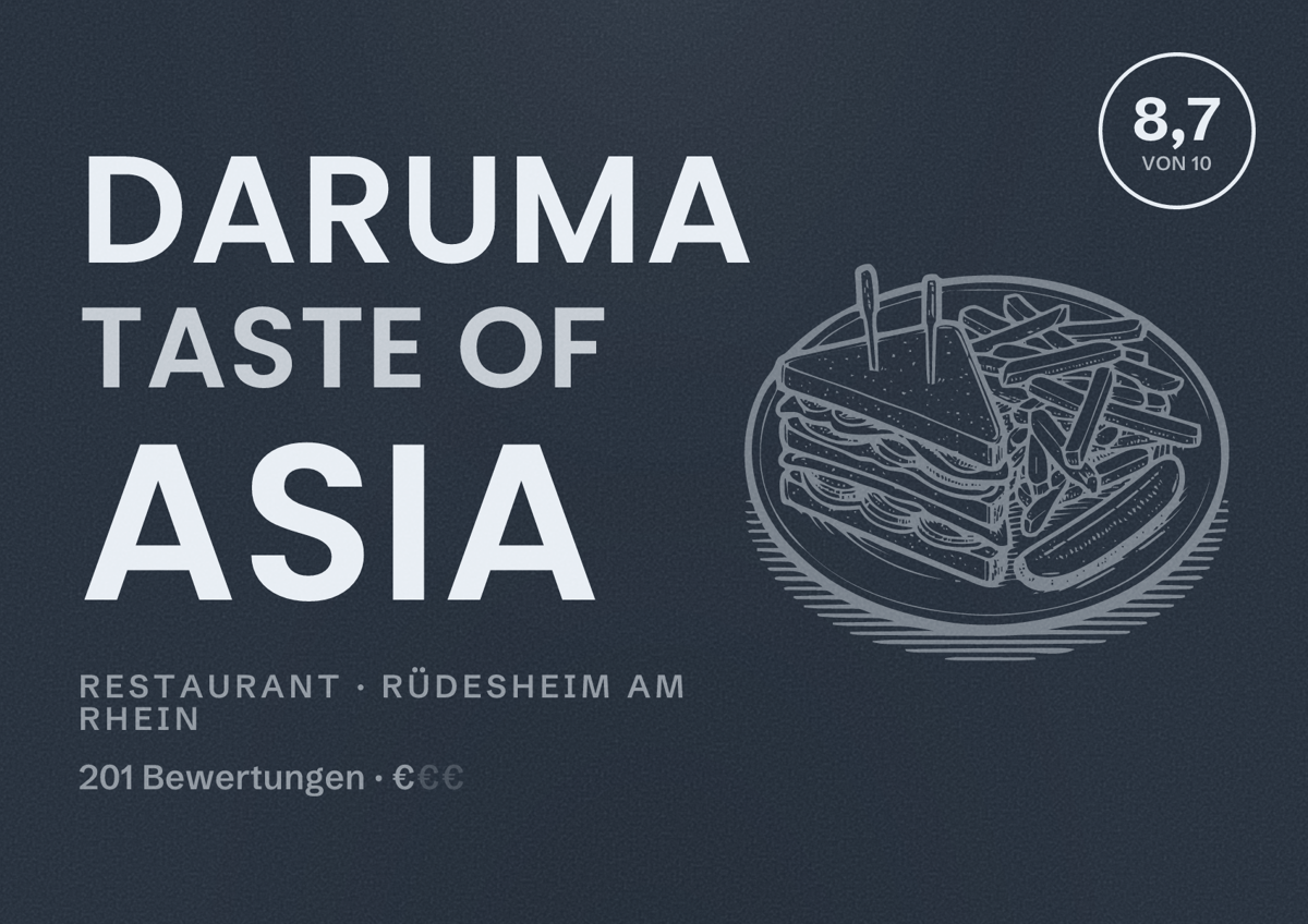 Illustriertes Poster von DARUMA taste of asia, Restaurant in Rüdesheim am Rhein: Bewertung 8,7 von 10 aus 201 Bewertungen, Preisniveau €