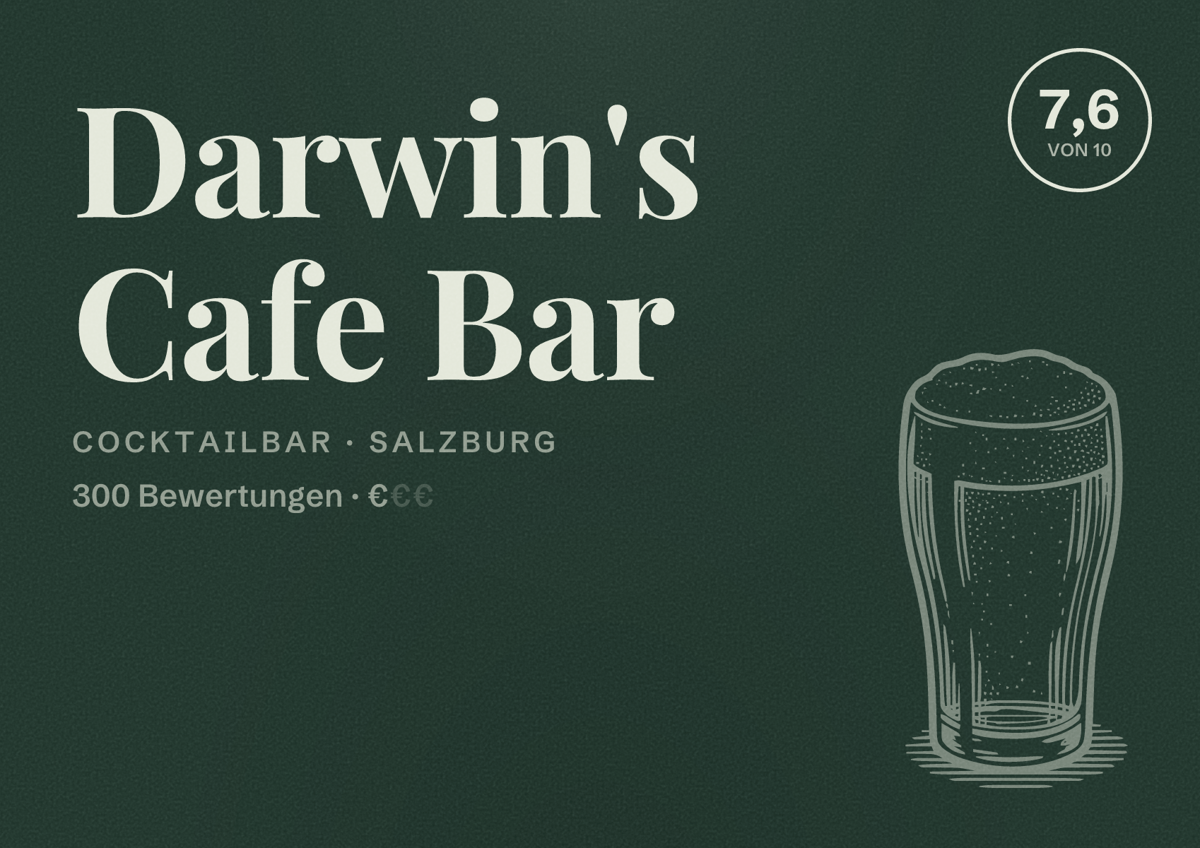 Illustriertes Poster von Darwin's Cafe Bar, Cocktailbar in Salzburg: Bewertung 7,6 von 10 aus 300 Bewertungen, Preisniveau €