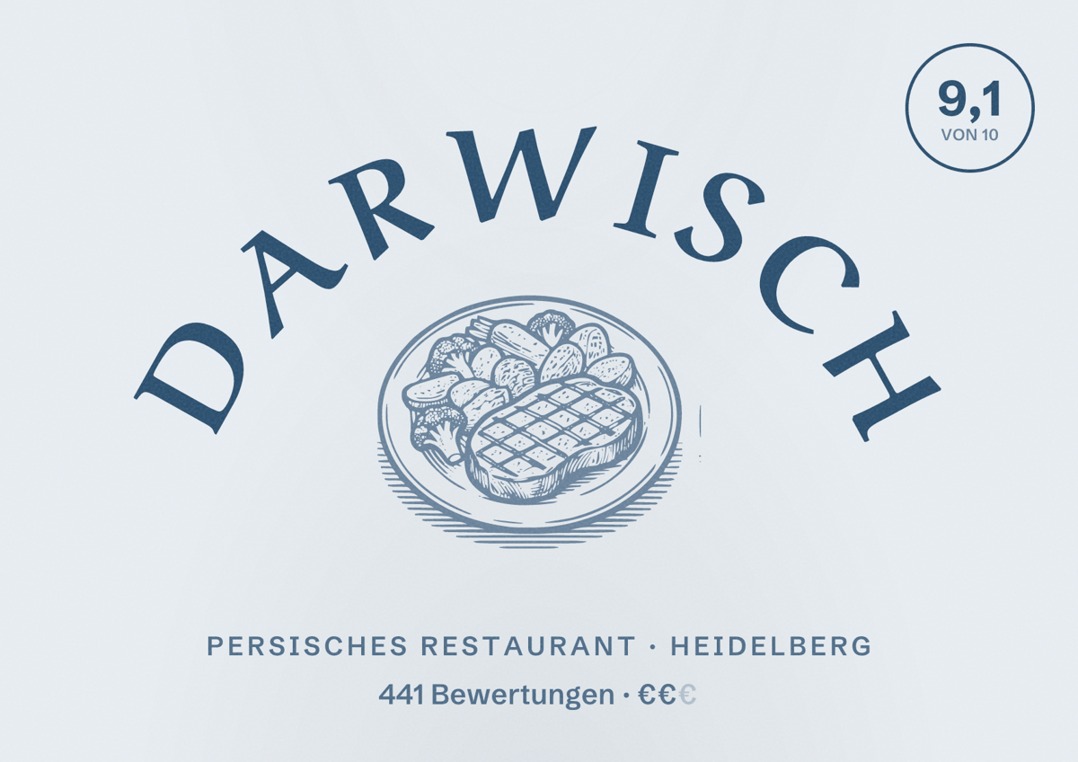 Illustriertes Poster von Darwisch, Persisches Restaurant in Heidelberg: Bewertung 9,1 von 10 aus 441 Bewertungen, Preisniveau €€