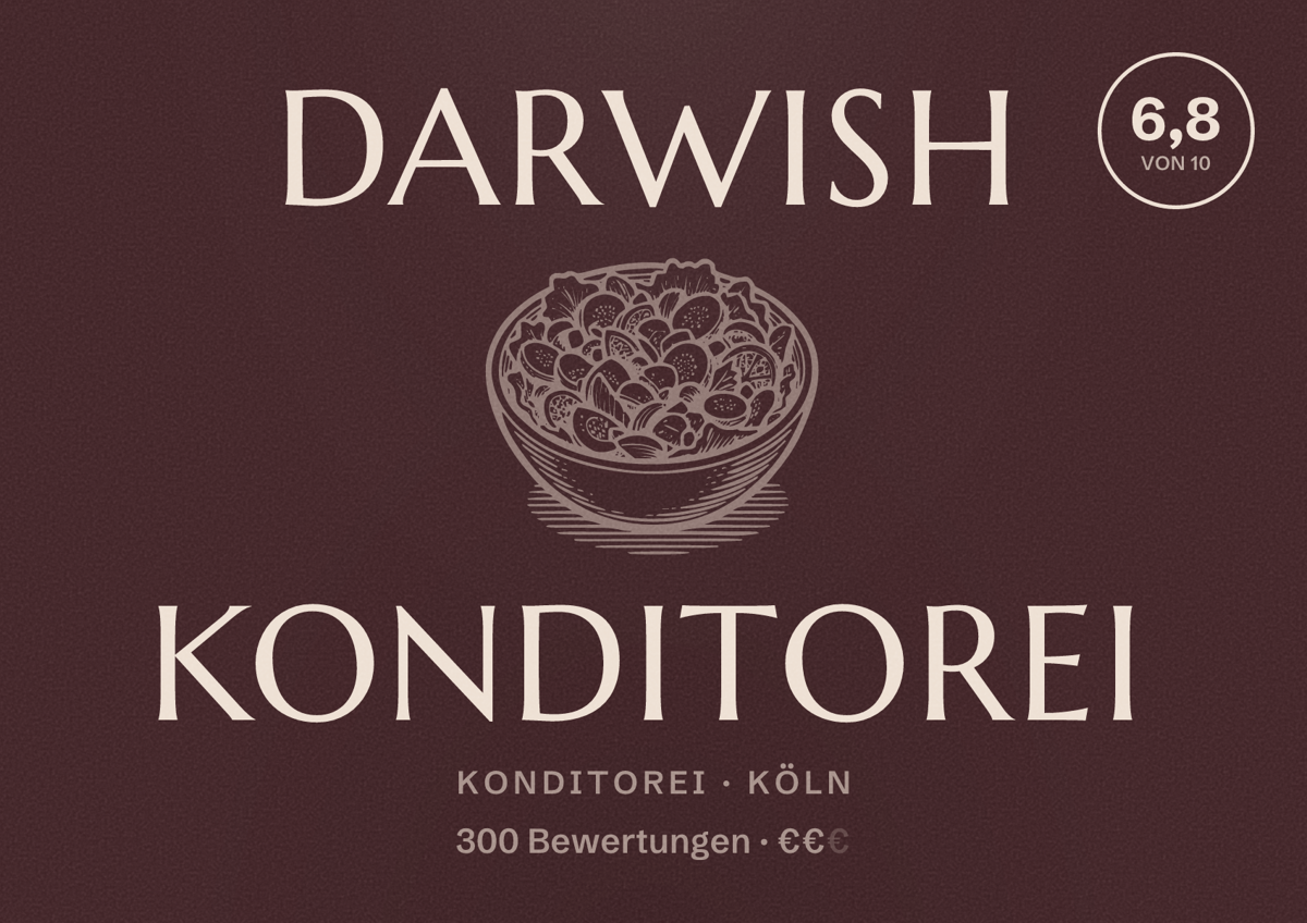 Illustriertes Poster von Darwish Konditorei, Konditorei in Köln: Bewertung 6,8 von 10 aus 300 Bewertungen, Preisniveau €€