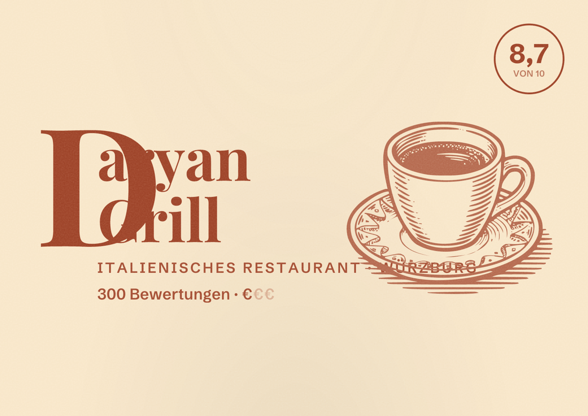Illustriertes Poster von Daryan Grill, Italienisches Restaurant in Würzburg: Bewertung 8,7 von 10 aus 300 Bewertungen, Preisniveau €