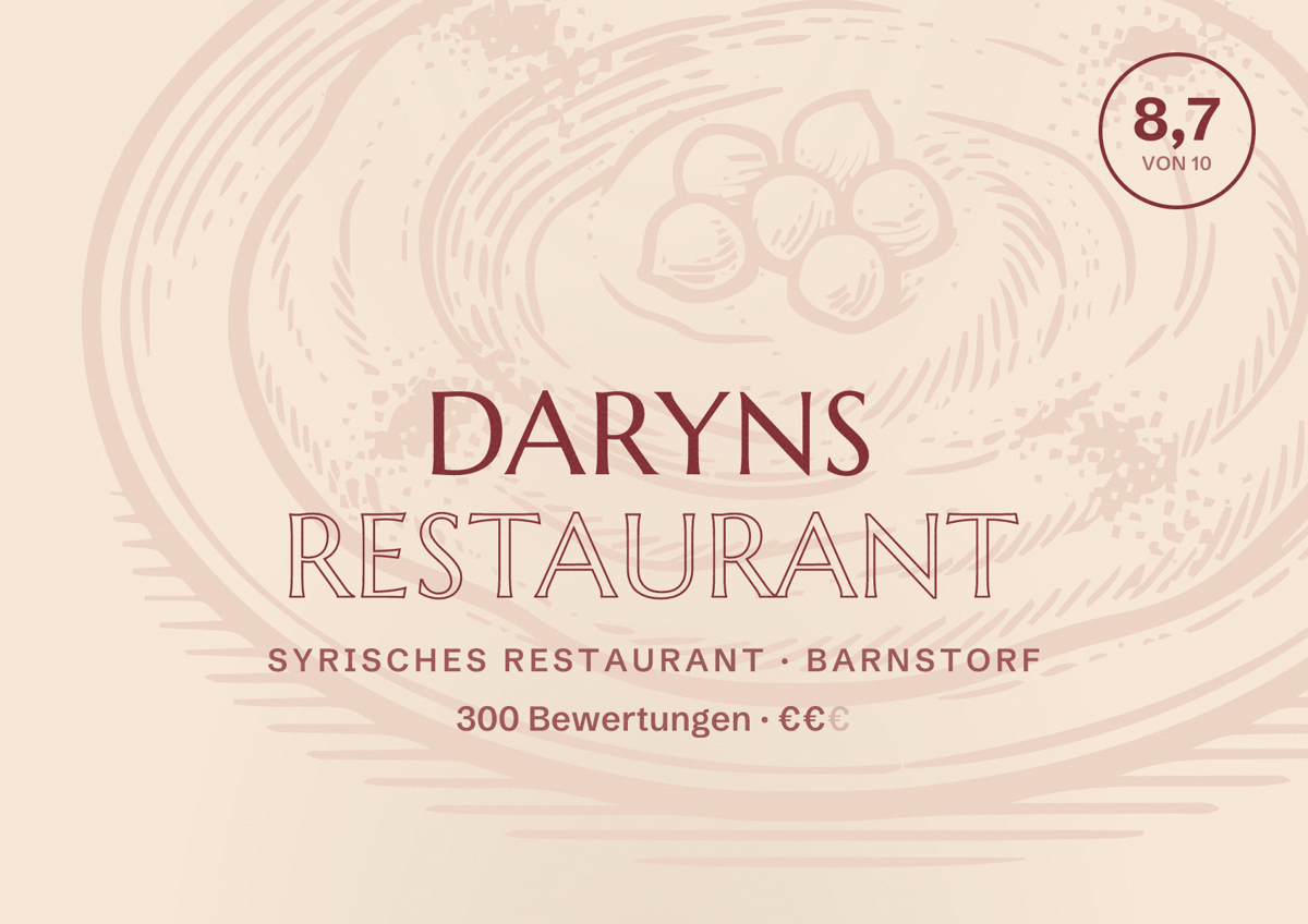 Illustriertes Poster von Daryns Restaurant, Syrisches Restaurant in Barnstorf: Bewertung 8,7 von 10 aus 300 Bewertungen, Preisniveau €€