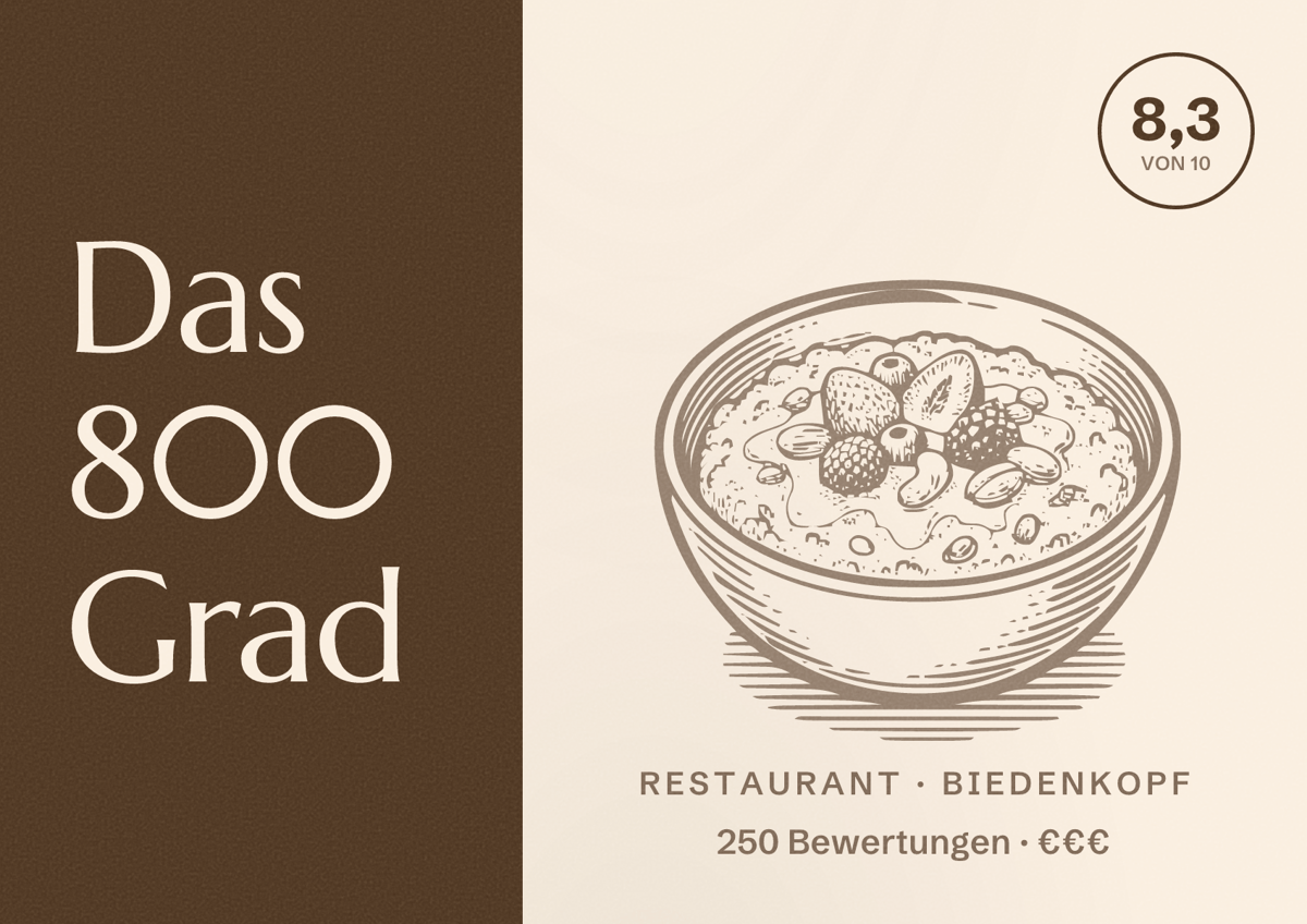 Illustriertes Poster von Das 800 Grad, Restaurant in Biedenkopf: Bewertung 8,3 von 10 aus 250 Bewertungen, Preisniveau €€€