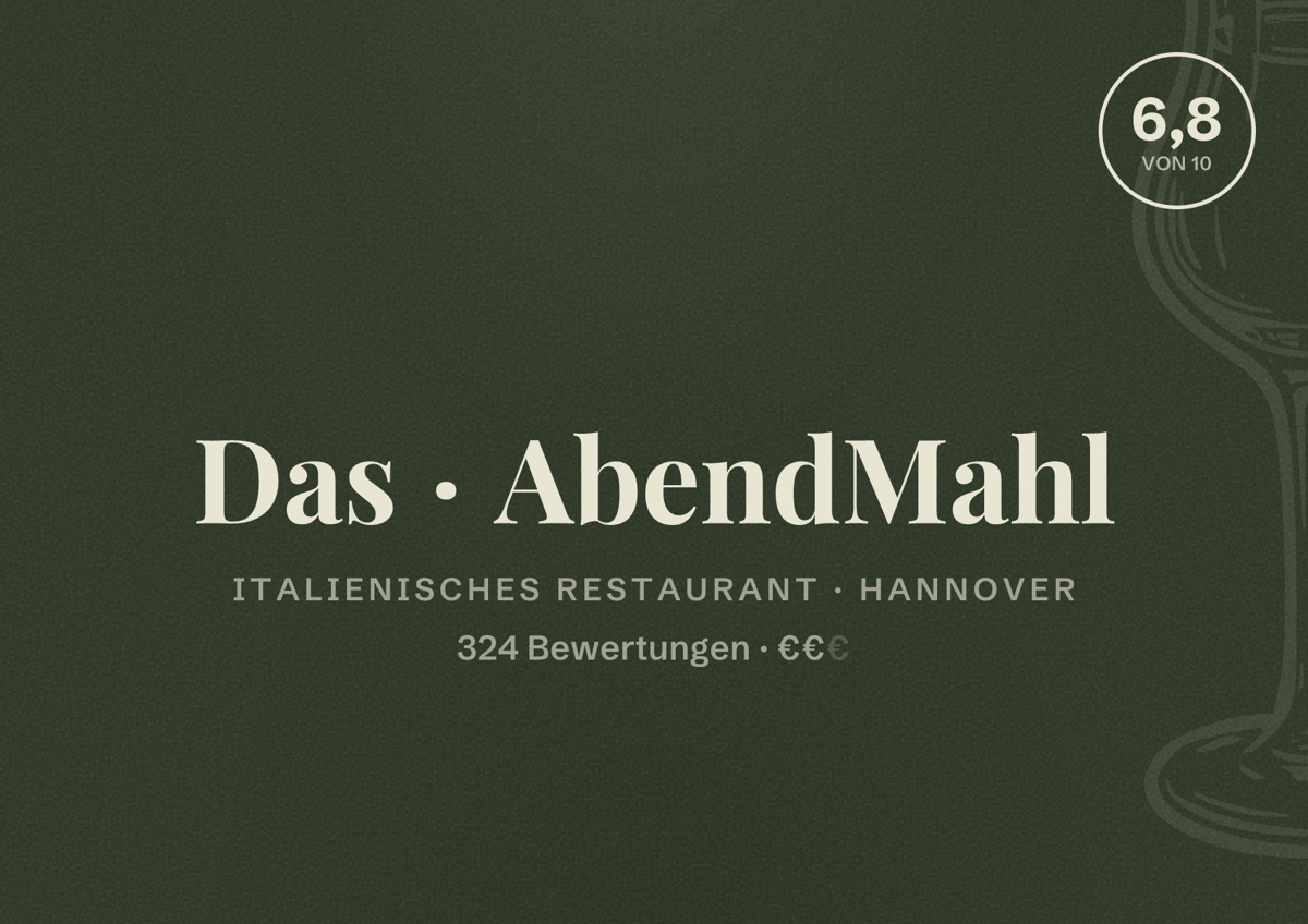 Illustriertes Poster von Das AbendMahl, Italienisches Restaurant in Hannover: Bewertung 6,8 von 10 aus 324 Bewertungen, Preisniveau €€