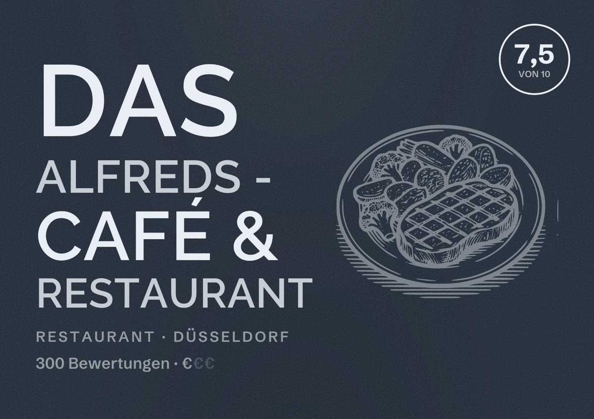 Illustriertes Poster von das Alfreds - Café & Restaurant, Restaurant in Düsseldorf: Bewertung 7,5 von 10 aus 300 Bewertungen, Preisniveau €