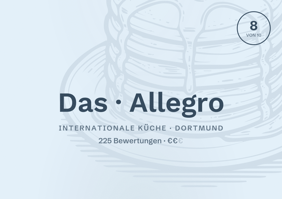 Illustriertes Poster von Das Allegro, Internationale Küche in Dortmund: Gästebewertung 8 von 10 aus 225 Bewertungen