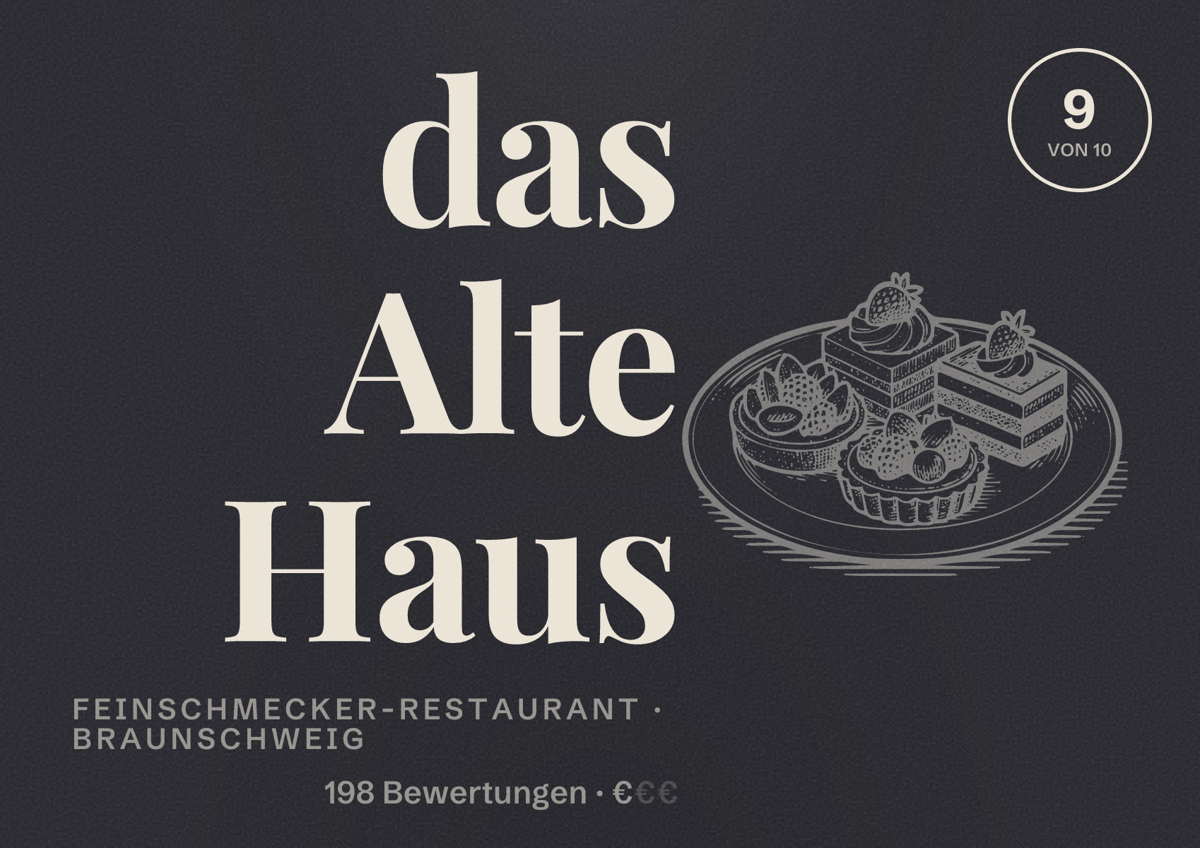 Illustriertes Poster von das Alte Haus, Feinschmecker-Restaurant in Braunschweig: Bewertung 9 von 10 aus 198 Bewertungen, Preisniveau €