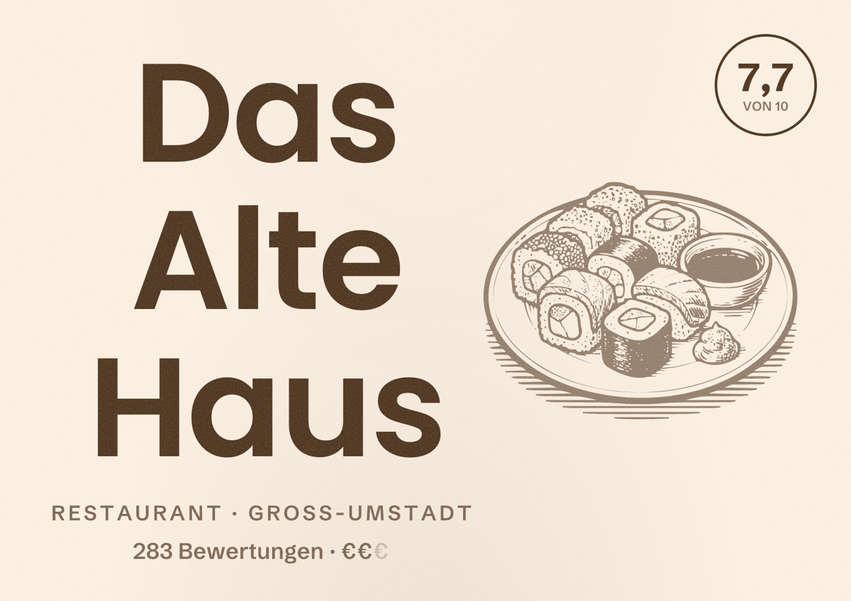 Illustriertes Poster von Das Alte Haus, Restaurant in Groß-Umstadt: Bewertung 7,7 von 10 aus 283 Bewertungen, Preisniveau €€