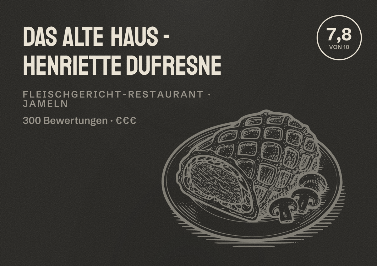Illustriertes Poster von Das Alte Haus - Henriette Dufresne, Fleischgericht-Restaurant in Jameln: Bewertung 7,8 von 10 aus 300 Bewertungen, Preisniveau €€€