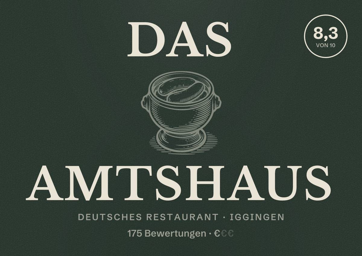 Illustriertes Poster von Das Amtshaus, Deutsches Restaurant in Iggingen: Bewertung 8,3 von 10 aus 175 Bewertungen, Preisniveau €