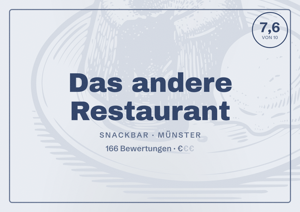 Illustriertes Poster von Das andere Restaurant, Snackbar in Münster: Bewertung 7,6 von 10 aus 166 Bewertungen, Preisniveau €
