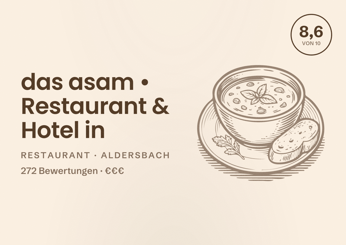 Illustriertes Poster von das asam • Restaurant & Hotel in, Restaurant in Aldersbach: Bewertung 8,6 von 10 aus 272 Bewertungen, Preisniveau €€€