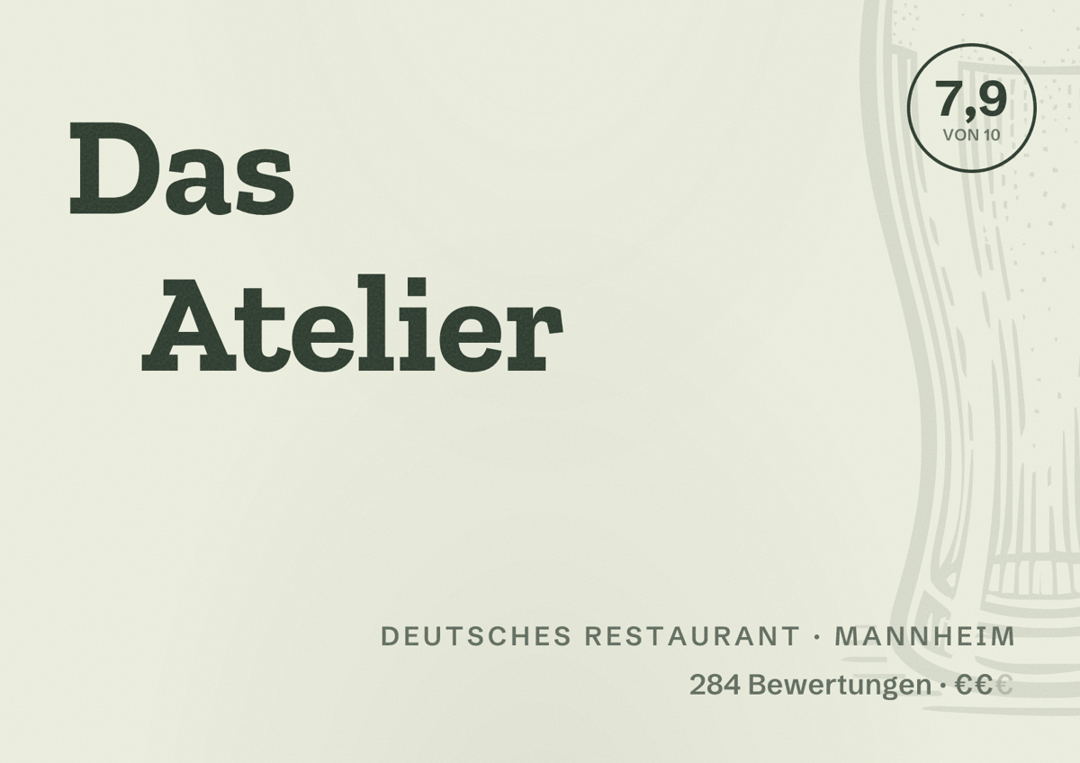 Illustriertes Poster von Das Atelier, Deutsches Restaurant in Mannheim: Bewertung 7,9 von 10 aus 284 Bewertungen, Preisniveau €€